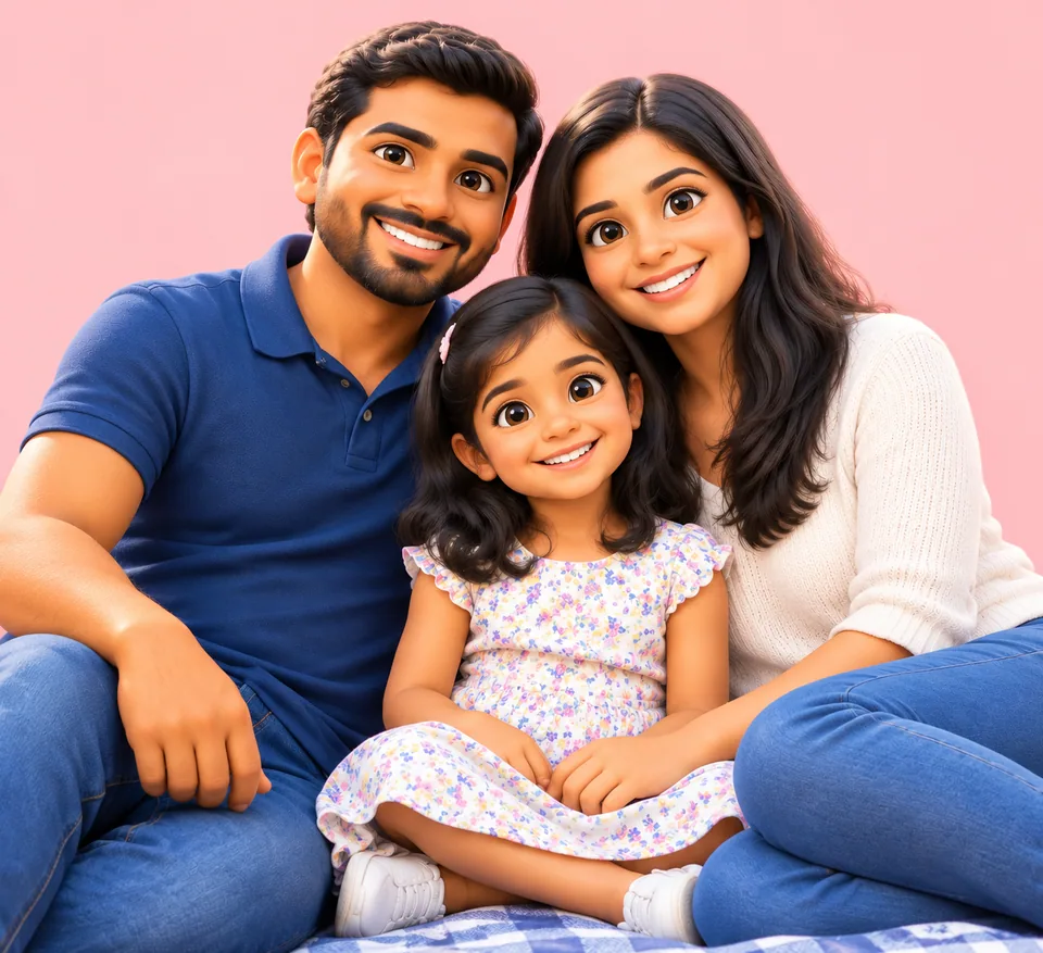 The same family as cute 3D animated characters on a soft pink background