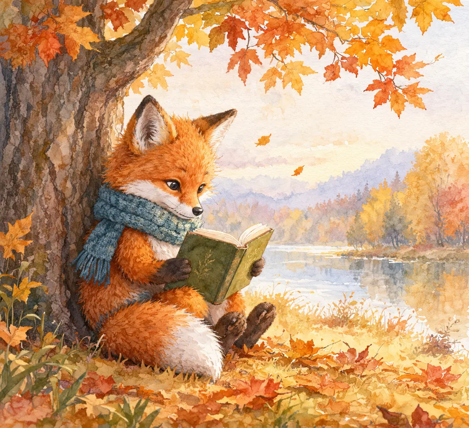 Акварельная лиса с книгой под деревом