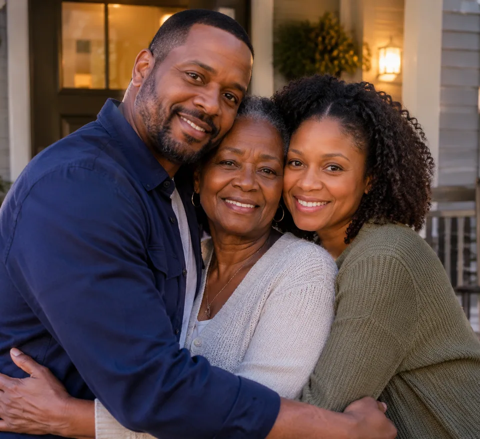 Original photo: grandmother with her son and daughter-in-law on a porch