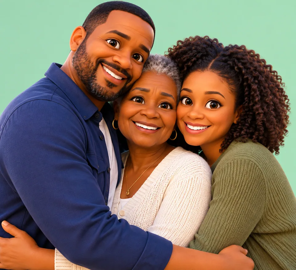 Animated-movie style portrait of the three on a mint green background